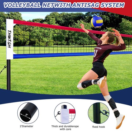 THWTGH 2025 Upgraded Portable Outdoor Volleyball Net Set with Adjustable Height Aluminum Poles, Volleyball Net for Backyard, Anti-Sag Design, Portable Volleyball Net for Backyard,Grass and Beach