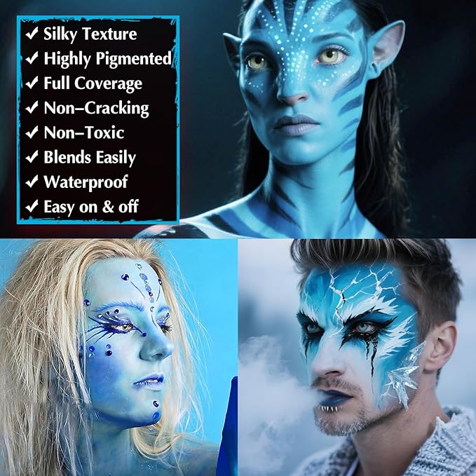 Black White Light Blue Face & Body Paint - Blendable Facepaint Foundation with Sponge & Brush for Skin, Professional Halloween Face Make-up Kit for Sally Face Avatar Smurf Corpse Bride Pale Costume