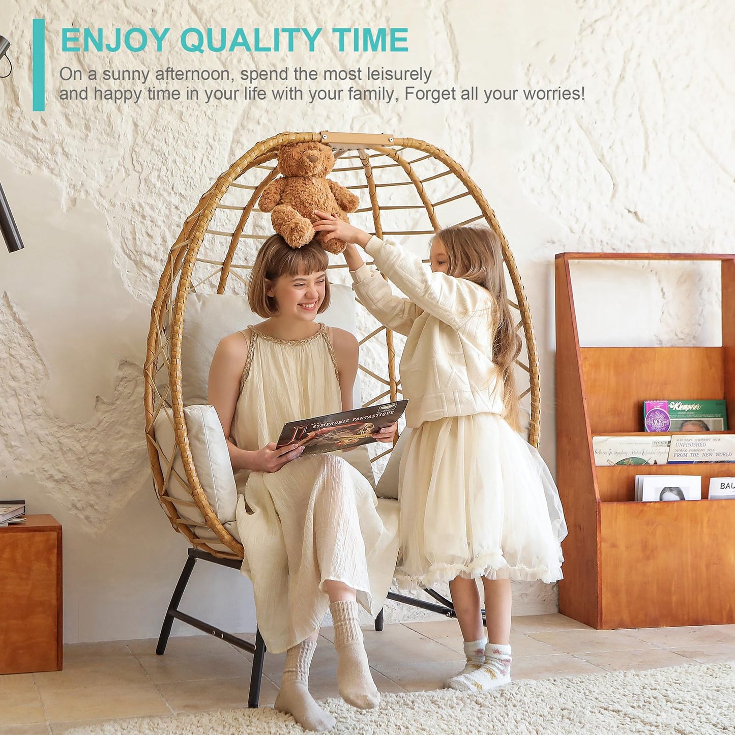 SWITTE Wicker Egg Chair Outdoor Indoor, Oversized Rattan Patio Lounge Chairs with Cushion for Backyard, Living Room, Steel Frame, 480lb Capacity-Cream