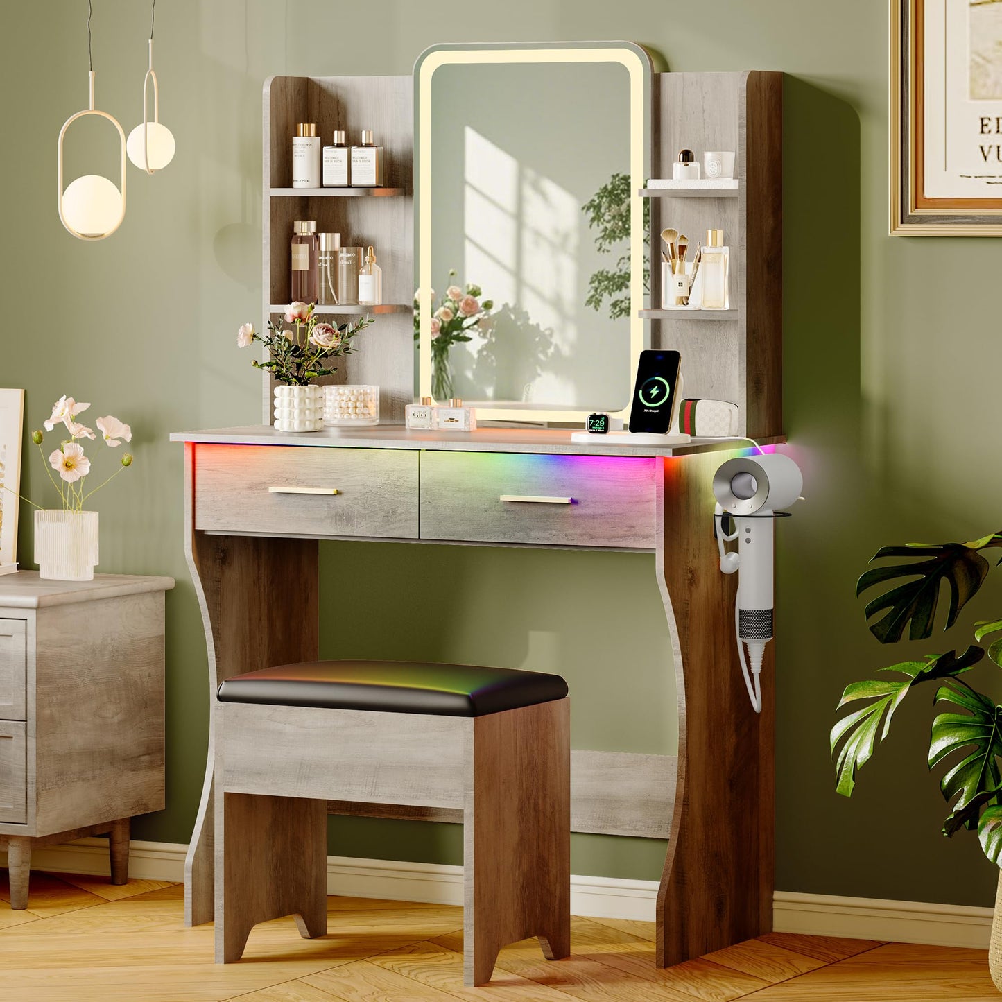 Gray Makeup Vanity Desk with Mirror and Lights, Wood Vanity Table Set with Power Outlet, Dressing Table with 2 Drawer & 4 Storage Shelves, Adjustable RGB Lighting, Includes Chair for Girl’s Bedroom