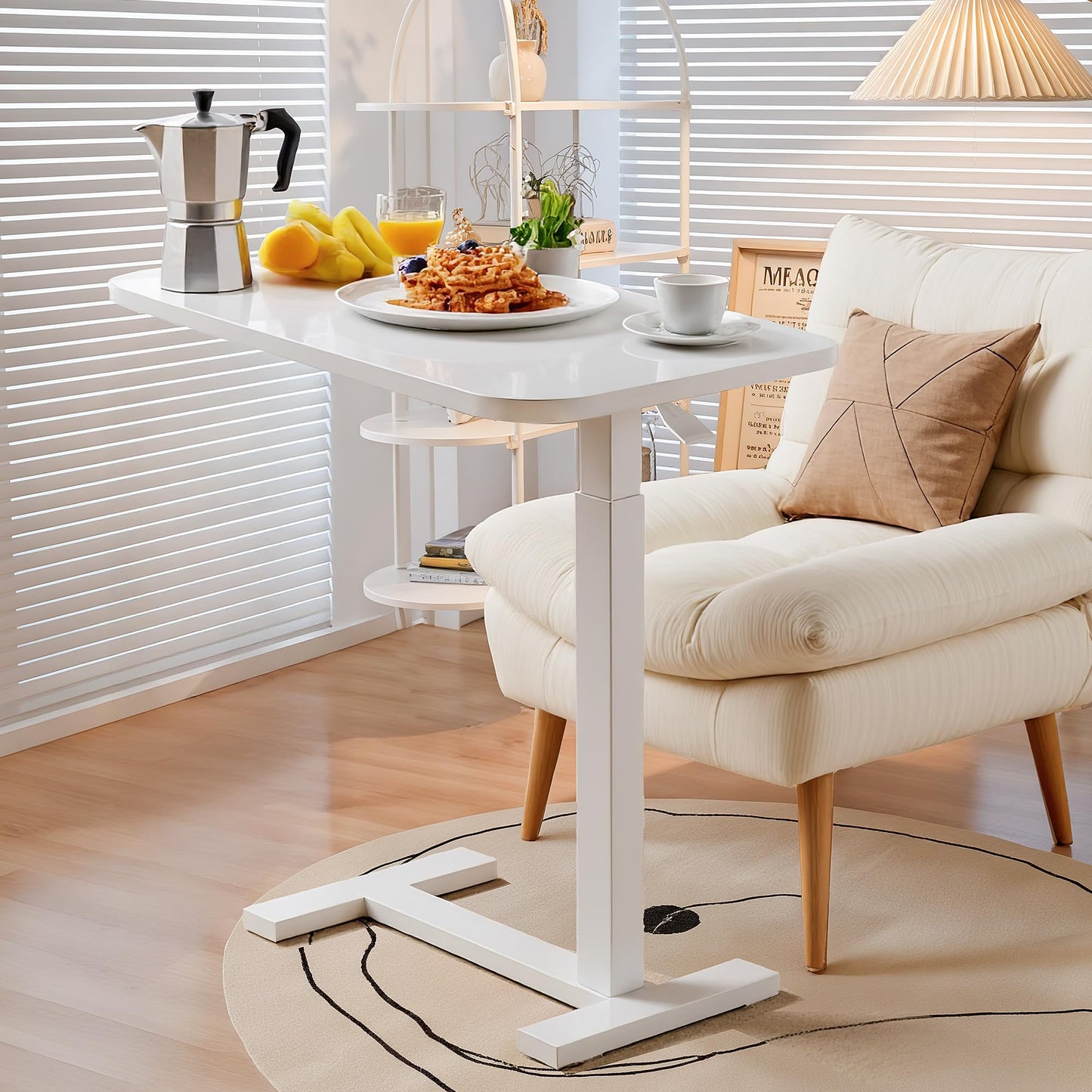 Overbed Bedside Table with Hidden Casters, Adjustable Hospital & Home Use Bed Table, Rolling Laptop Table, Movable Standing Desk, White