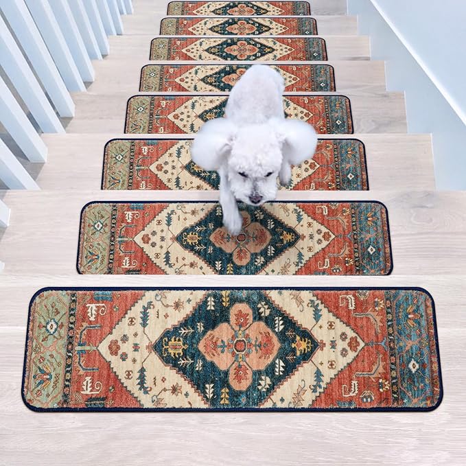 OJIA Extra Non-Slip Stair Treads for Wooden Steps Set of 15, 30"X8" Carpet Stair Mats Indoor Stair Runners Anti-Slip Stair Rugs Safety Mats for Dogs, Kids & Elders, Rubber Backing Step Treads