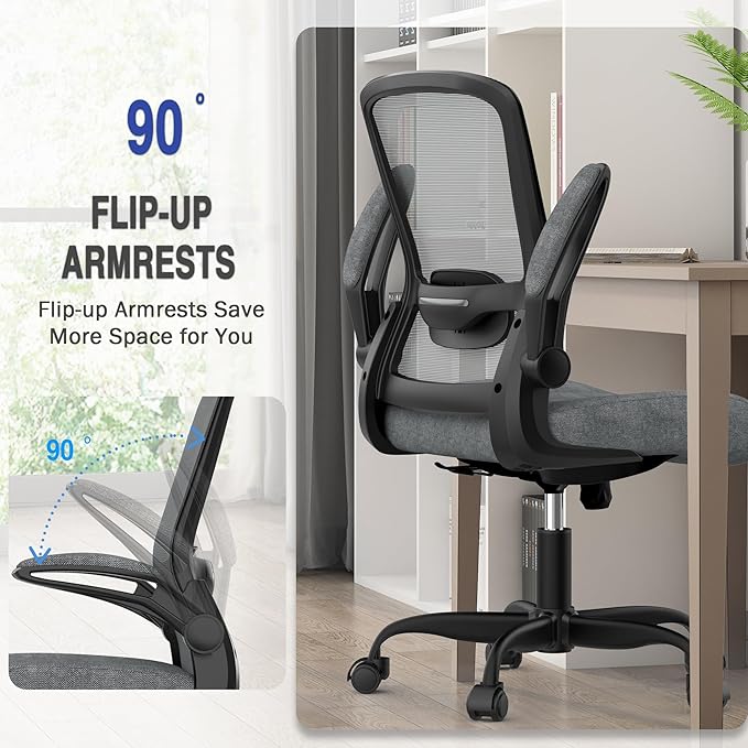 Mimoglad Ergonomic Office Chair - BIFMA Certified, Flip-up Armrests & 135° Recline, Adjustable Lumbar Support - Space-Saving Task Chair for Business/Team Office & Home (Iron Gray, 300lbs)