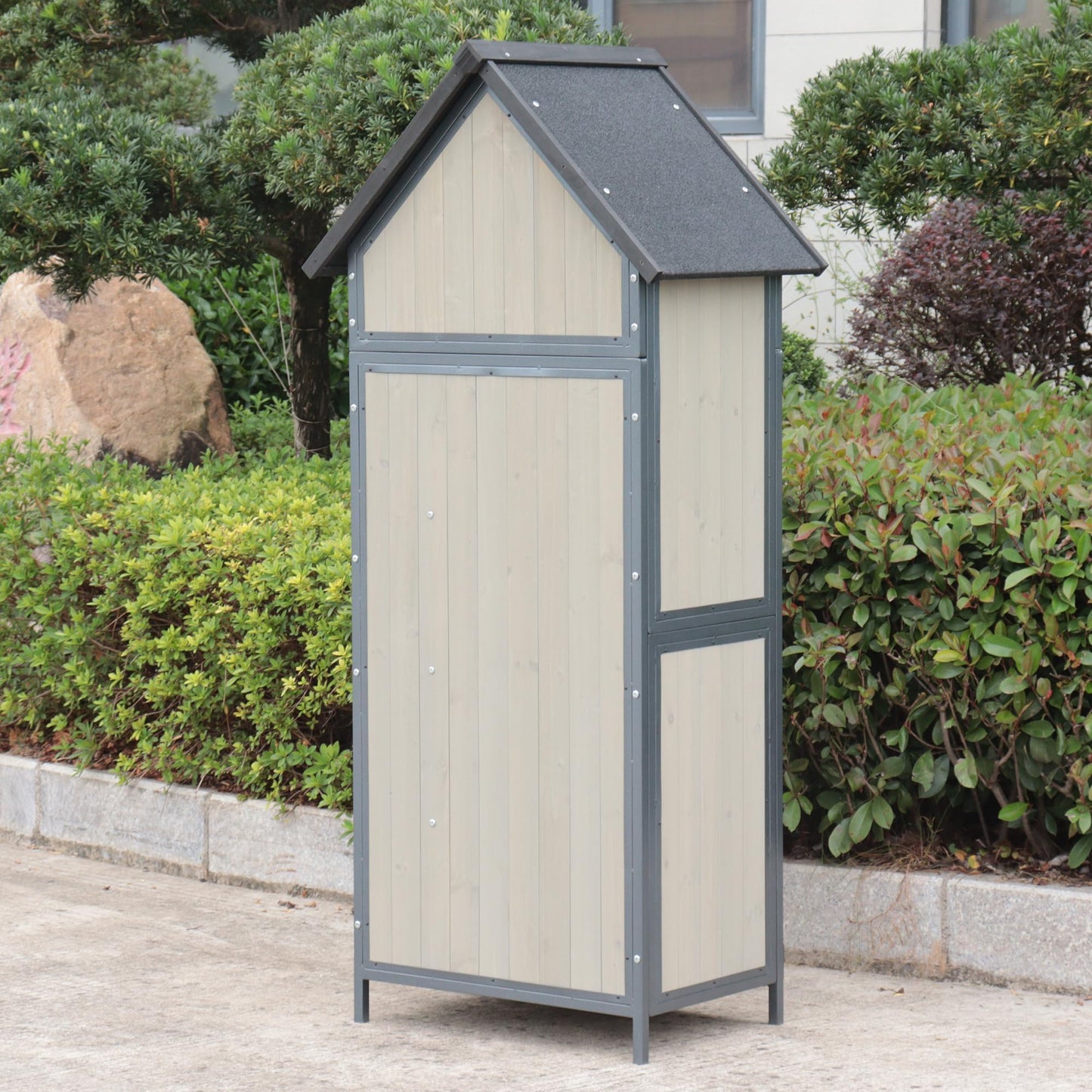68" Tall Wooden Cabinet, Outdoor Storage Shed with Floor, Adjustable Shelves & Lockable Door, Waterproof Garden Shed, Metal Frame Tool Cabinet for Backyard, Patio & Garden Tool Organization