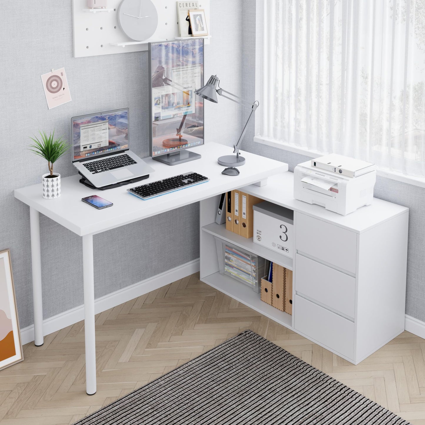 Jiaoun Home Office Computer Desk Corner Desk with 3 Drawers and 2 Shelves, 53-inch L-Shaped Study Desk with Storage, White
