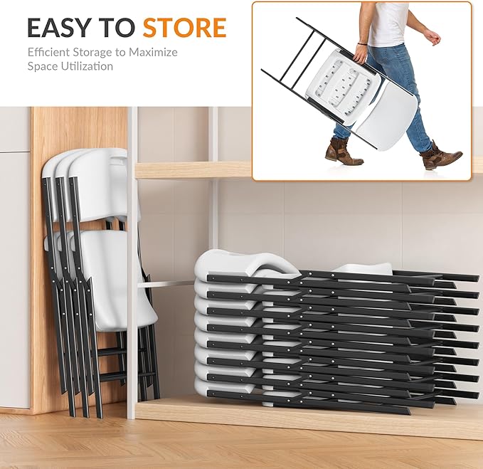 Elevon Folding Chairs Heavy Duty Plastic Chairs with 350-Pound Capacity for Home Office Camping Kitchen Dining Wedding Party Event Picnic, White, 6-Pack