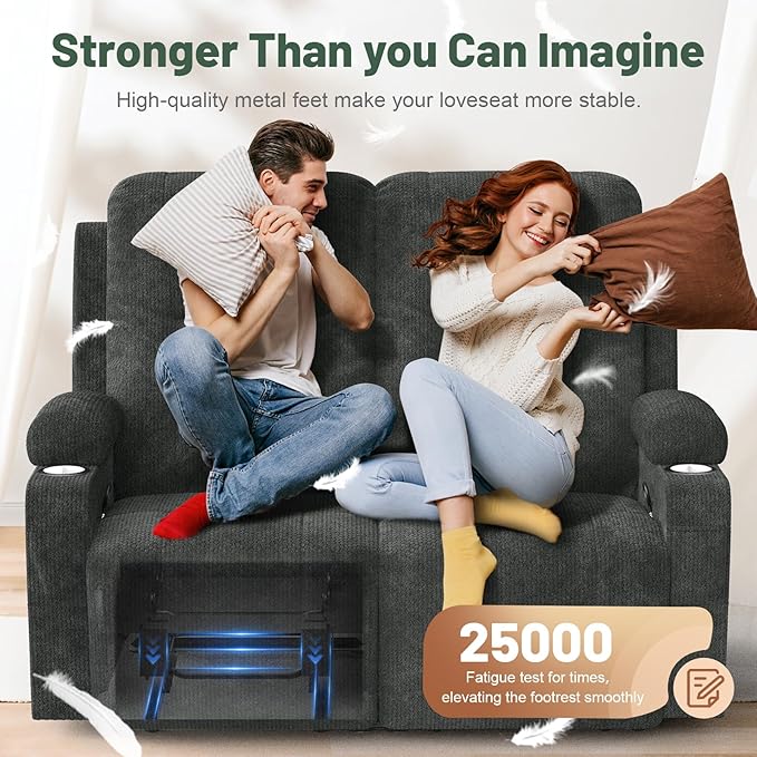 FURNIMAT Loveseat Recliner Sofa, 2 Seater Reclining Loveseat Sofa, Modern Fabric RV Loveseat Couch for Living Room/RV, with USB Ports, Cup Holders, Insert Pockets, Cell Phone Holders, Gray