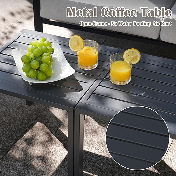 PATIOCHIC 6 Pieces Rattan Outdoor Furniture Set, All-Weather Patio Conversation Set with Warm Grey Cushions, Coffee Table and 28" Fire Pit Table for Garden, Backyard, Balcony, Poolside