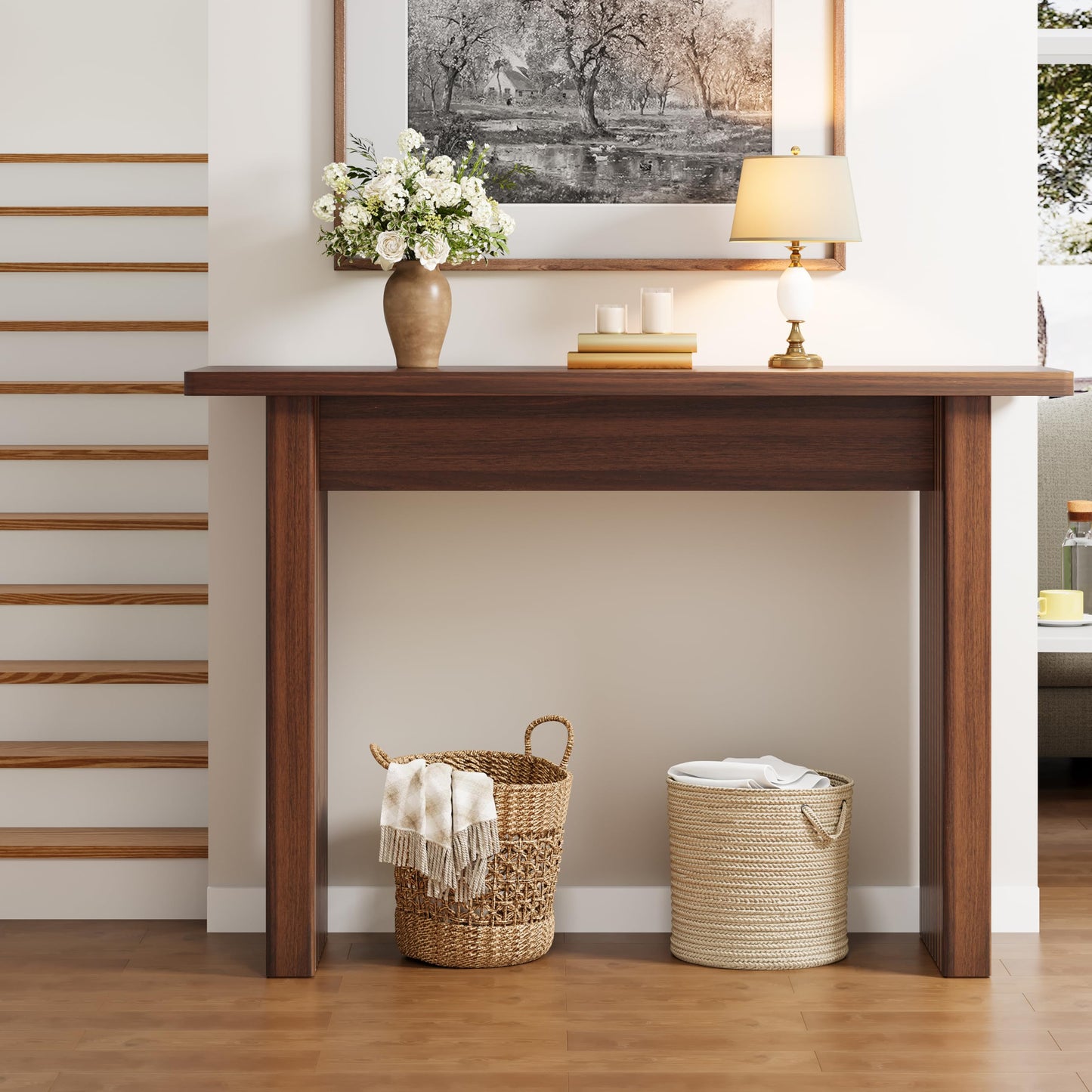 AVZEAR Mid Century Narrow Entryway Console Table, 43.3" Fluted Wood Couch Table Behind Sofa Long and Skinny for Living Room Hallway Entrance Foyer, Walnut
