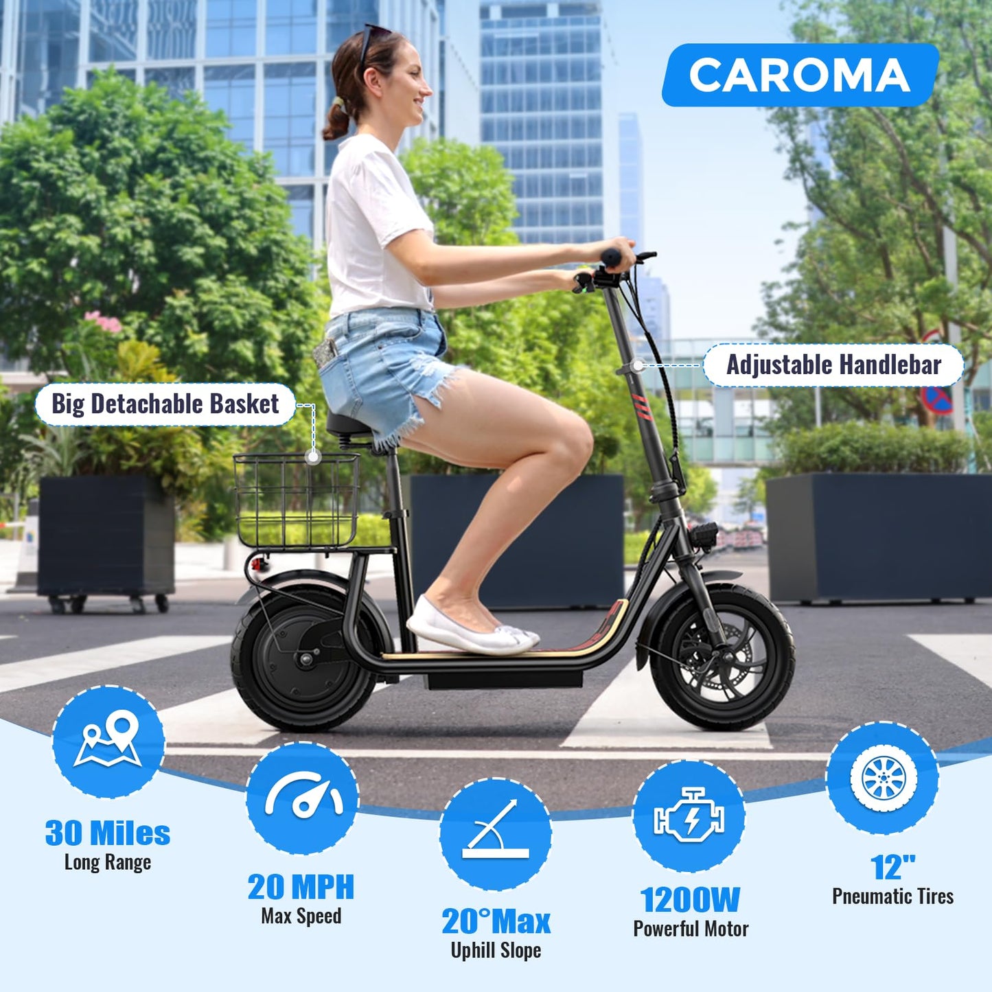 Caroma Peak 1200W Electric Scooter Adults, Electric Scooter with Seat and 12" Shock-Absorbing Tires, 500Wh Battery up to 30Miles&20MPH, Foldable Adult with Basket for Commuting(Black)