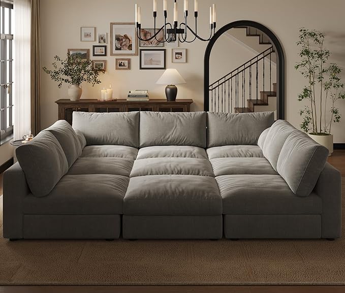 Cloud Modular Sectional Sleeper Sofa with Storage Ottoman, 128" Oversized Sectional Couches for Living Room, Cloud Modular Sleeper Sofa with Chaise, 9 Seater, Chenille, Light Gray