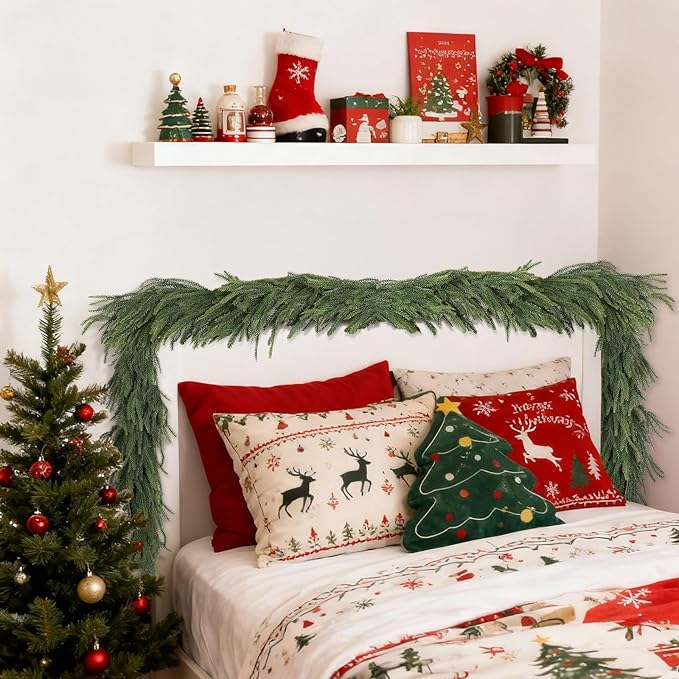 Artificial Norfolk Pine Garlands, 2 Pcs 6 Ft Real Touch Realistic Christmas Garlands, Winter Green Greenery Garlands for Mantle, Table, Wall, Outdoor, Indoor Christmas Decorations (6 FT, 2)