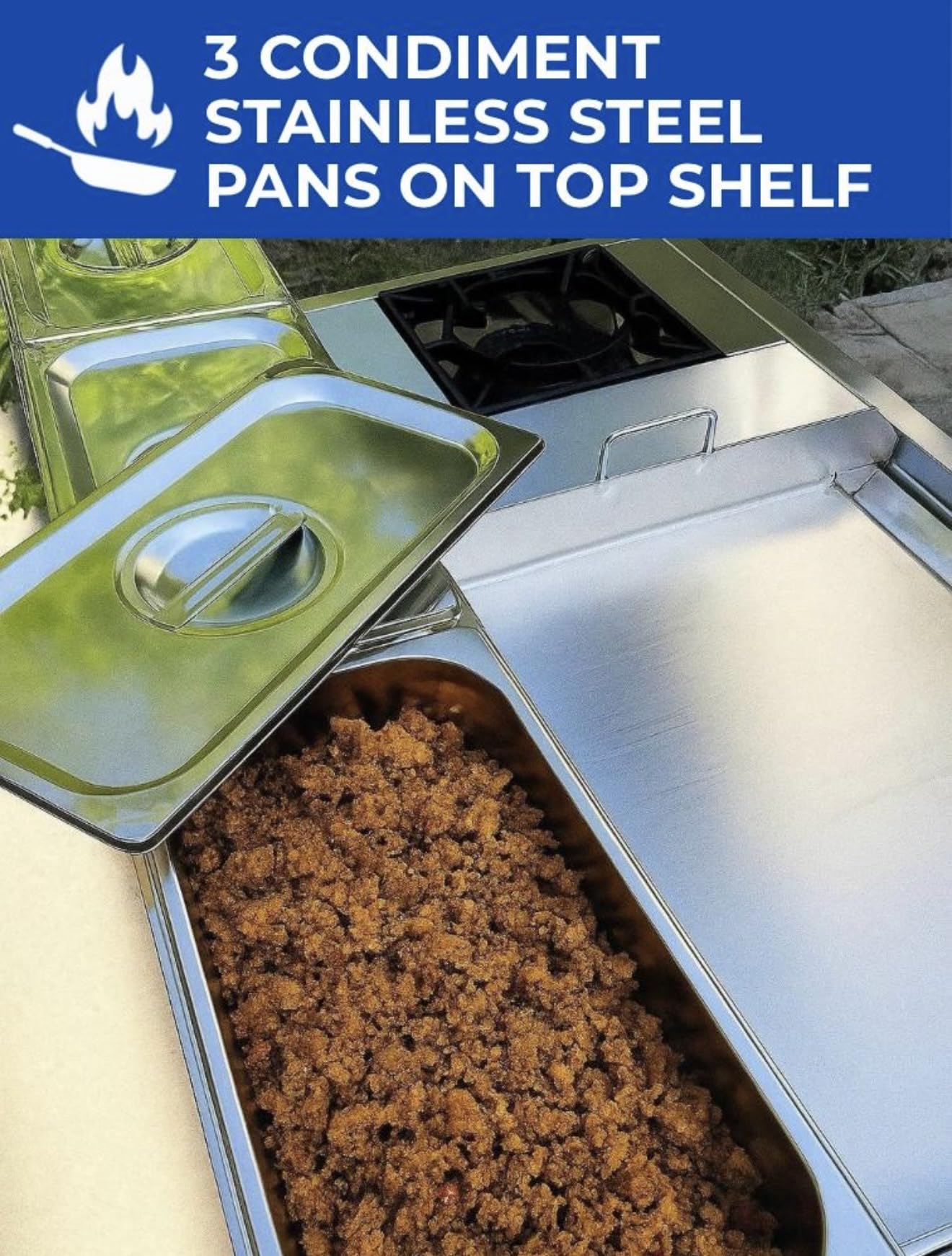 Burner Stove and Flat Top Griddle Cart | 20” Stainless Steel Griddle | 30,000 BTU Cast Iron Burner Stove | Outdoor Propane | Portable 4 Wheel | 3 Condiment Container Pans | Commercial & Home Use