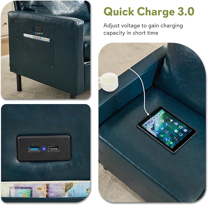 STHOUYN 73" W Faux Leather Couch w/ 2 USB, Leather Sofa w/Side Pockets, Wooden Frame 3 Seat Couch for Livingroom, Office, Apartment (Blue, 3 Seater)