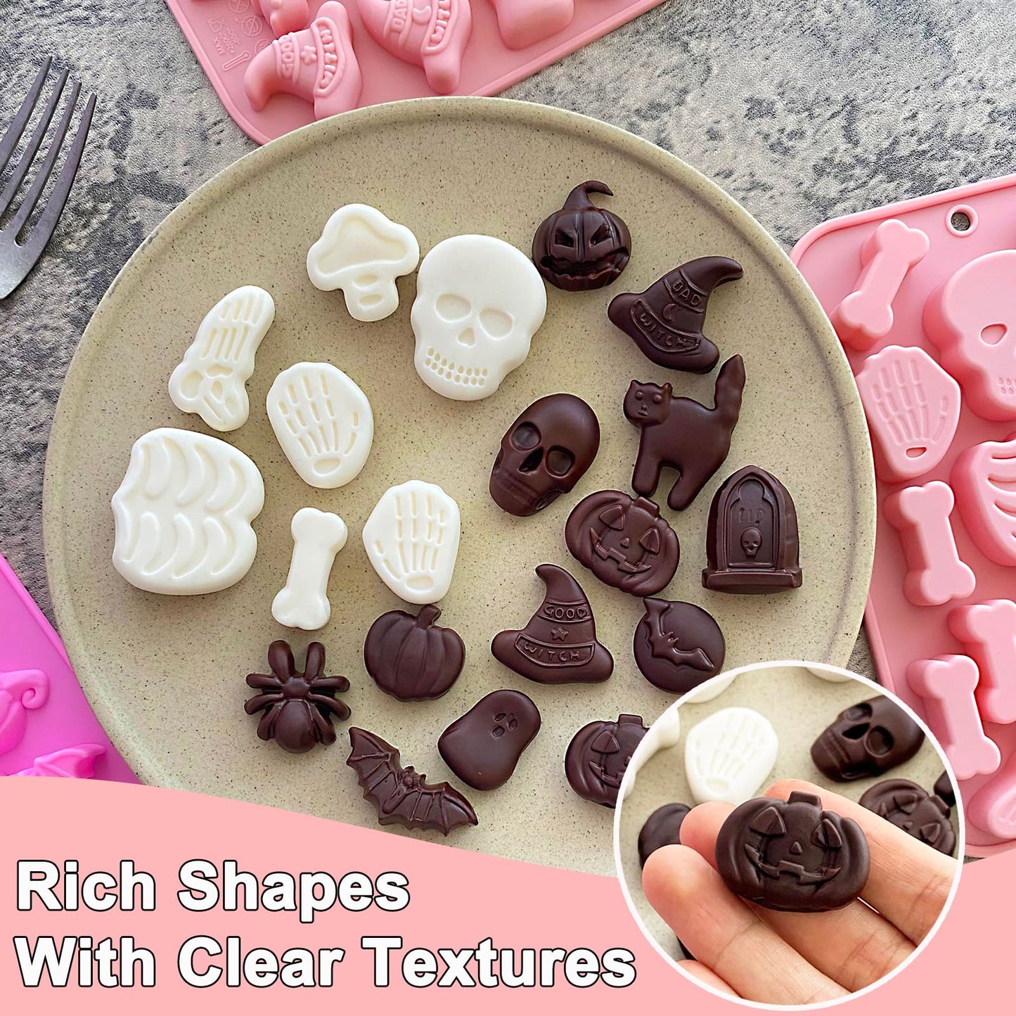 Halloween Silicone Molds - 3 Pack with Pumpkin, Skull, Skeleton, Ghost, Bat Designs for Baking, Chocolate, Candy, Cupcake Toppers