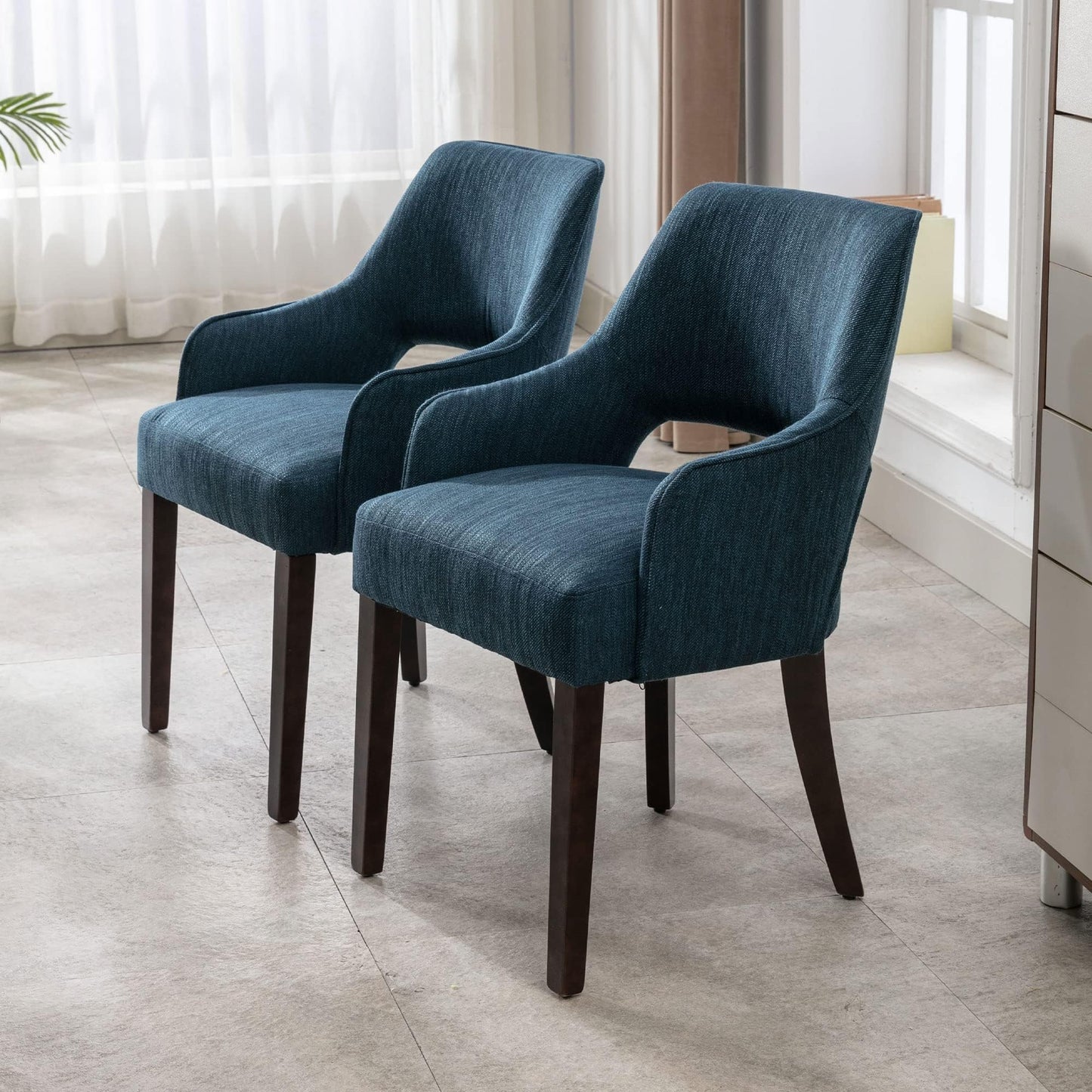 DM Furniture Farmhouse Dining Chairs Set of 2 Upholstered Linen Kitchen Chairs Accent Side Chair with Solid Wood Legs/Armrest for Living Room/Dining Room/Bedroom/Restaurant, Blue