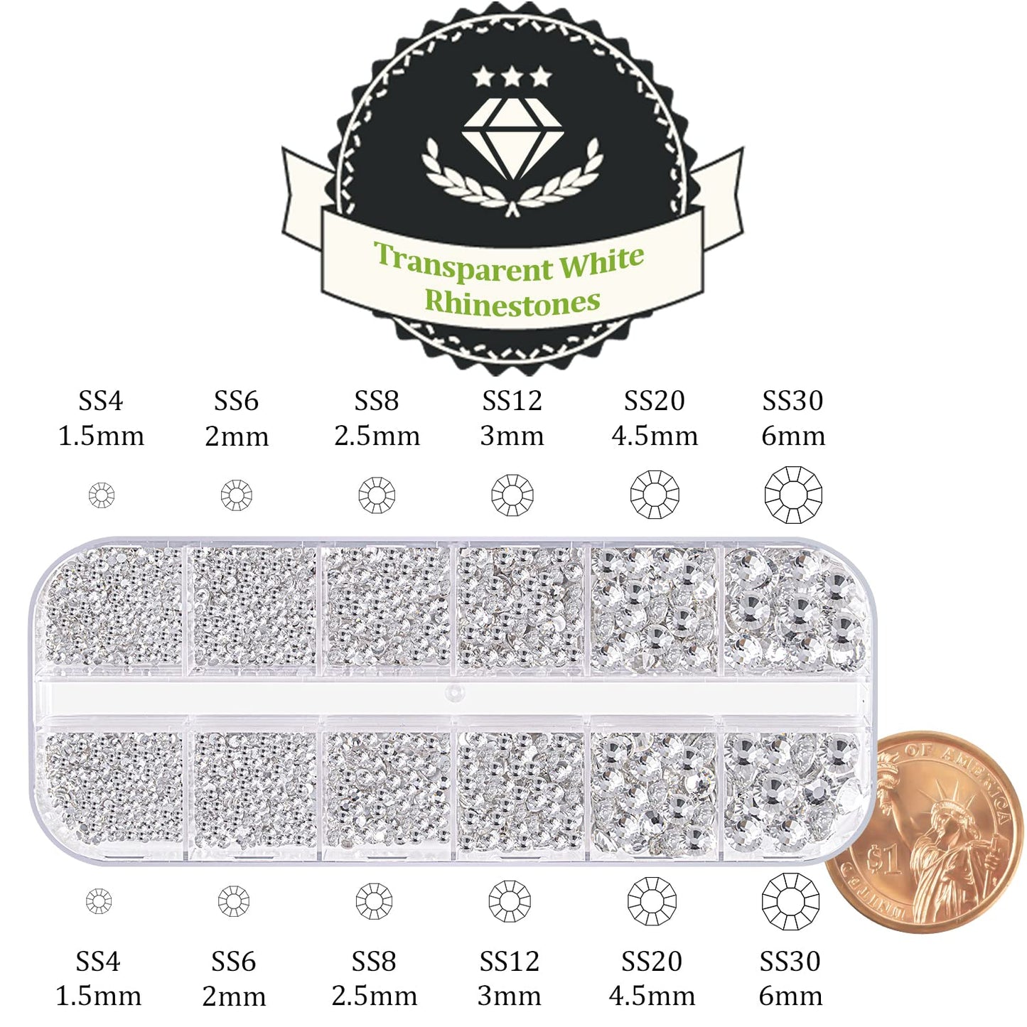One Pack 2000 Pcs of Flatback Transparent White Clear Round Crystal Rhinestones 6 Sizes (1.5-6 mm) with Nail Art Rhinestone Pick