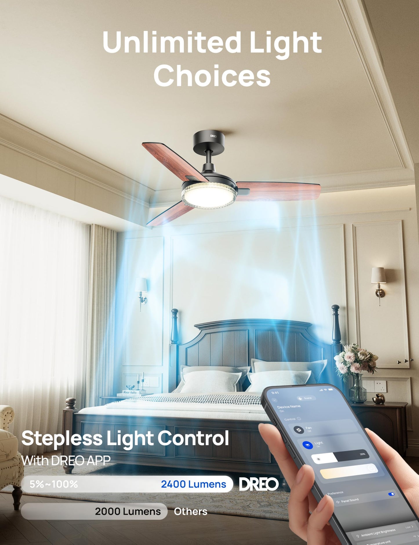 Dreo Smart Ceiling Fans With Lights, 42 Inch Black Ceiling Fan, 12 Speeds & 3 Fan Modes, Stepless Color Tones, Dimmable Led Ligh