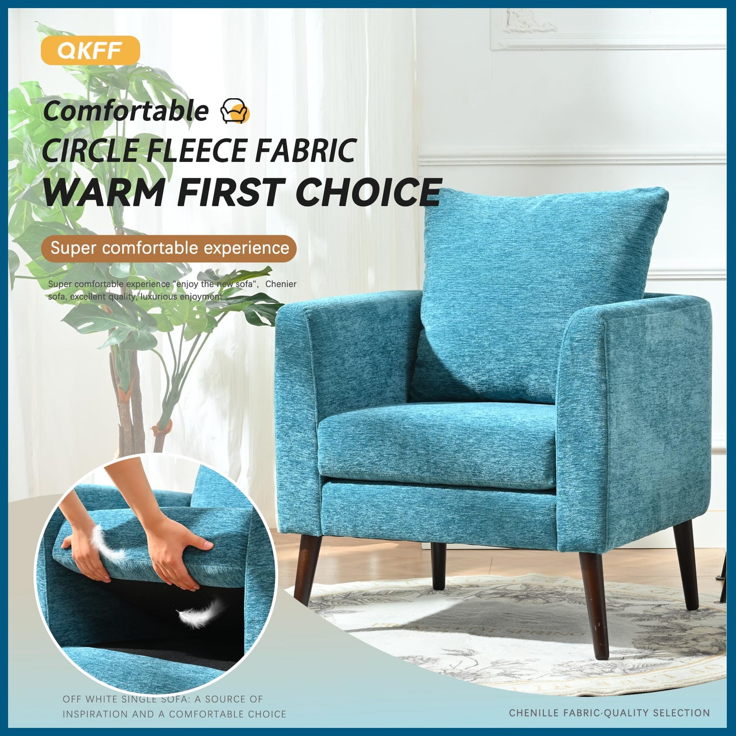 QKFF Barrel Accent Chair with Back Pillow, Large Upholstered Armchair with Solid Wood Legs Modern Reading Chairs for Living Room Bedroom