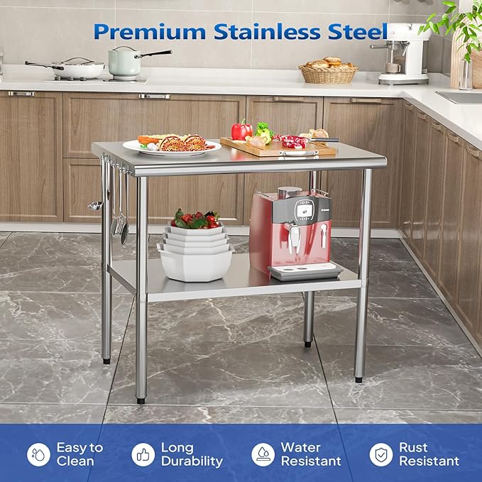 ROVSUN 30'' x 24'' Stainless Steel Table for Prep & Work,Commercial Worktables & Workstations, NSF Heavy Duty Metal Table with Adjustable UnderShelf for Kitchen Restaurant, Home, Hotel, Outdoor