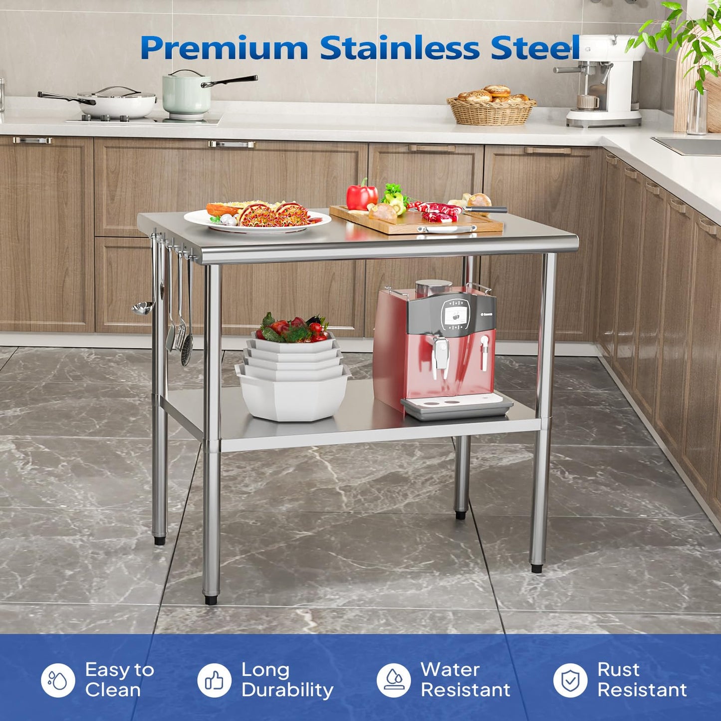 ROVSUN 30'' x 24'' Stainless Steel Table for Prep & Work,Commercial Worktables & Workstations, NSF Heavy Duty Metal Table with Adjustable UnderShelf for Kitchen Restaurant, Home, Hotel, Outdoor