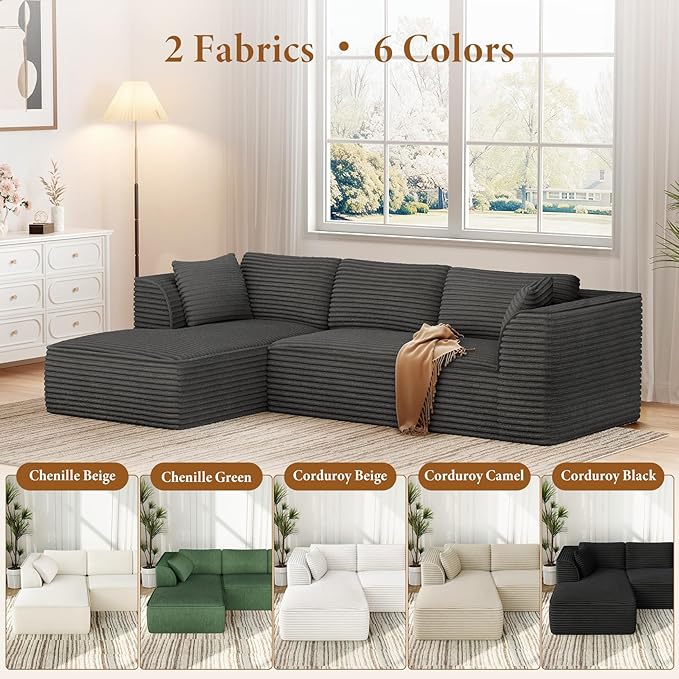 Vesgantti 106" Boneless Couches for Living Room, Deep Seat Cloud Sofa Sectional with Chaise, Corduroy Memory Foam Modular Couch Set, No Assembly Required (Dark Grey, Left-Facing Chaise)