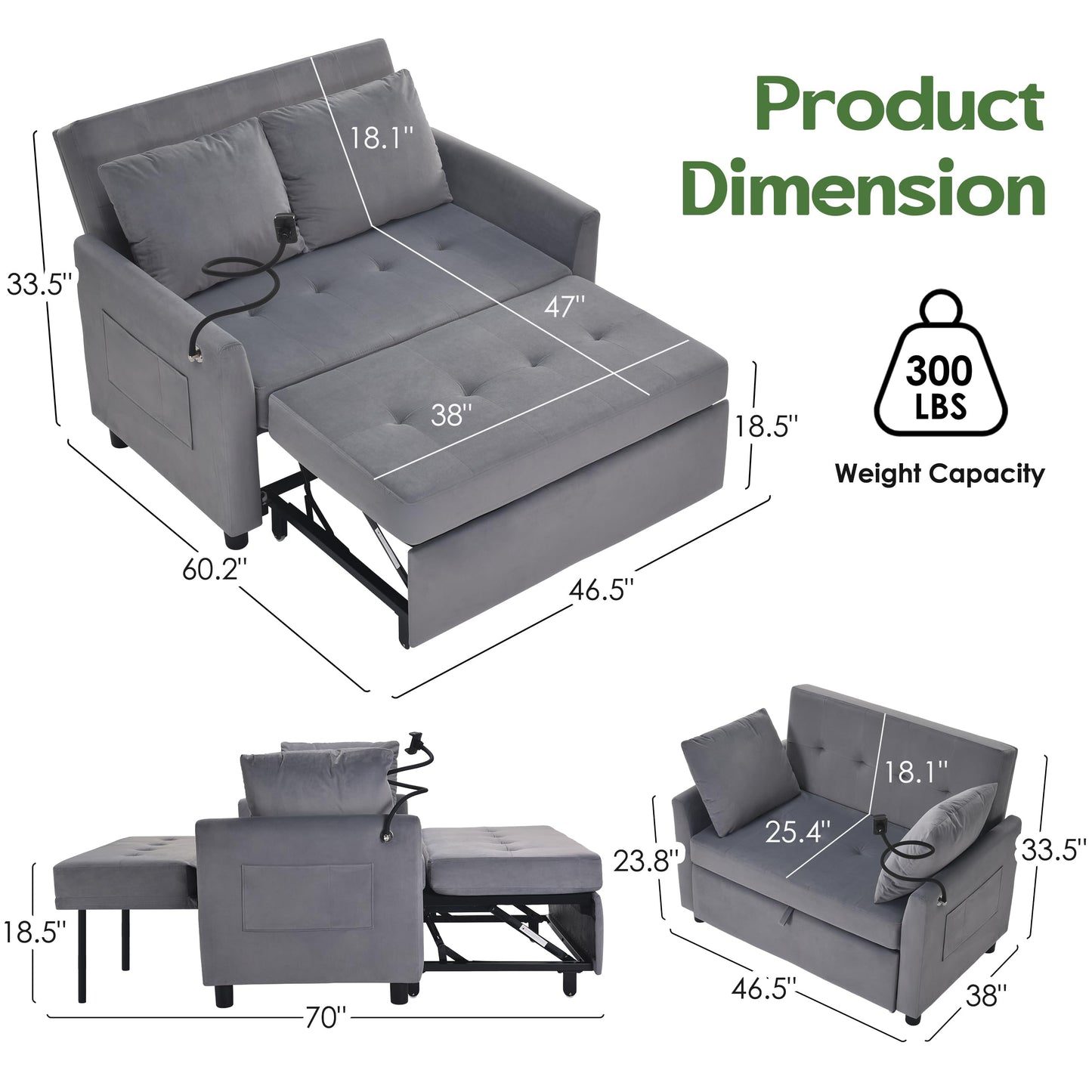 AYEASY Sleeper Sofa Bed, 3 in 1 Convertible Sleeper Couch Bed Pull Out, Small Loveseat Sofa, Futon Sofa Bed Full Size, 46" Velvet Love Seat with Pillow and Phone Holder for Living Room, Grey