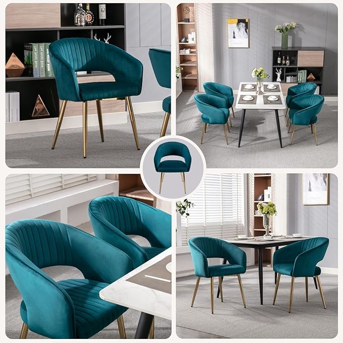 COMULER Teal Velvet Dining Chairs Gold Legs, Modern Dining Room Chairs with Arms Set of 4 Upholstered Accent Chair Armchair with Barrel Back for Kitchen Living Room