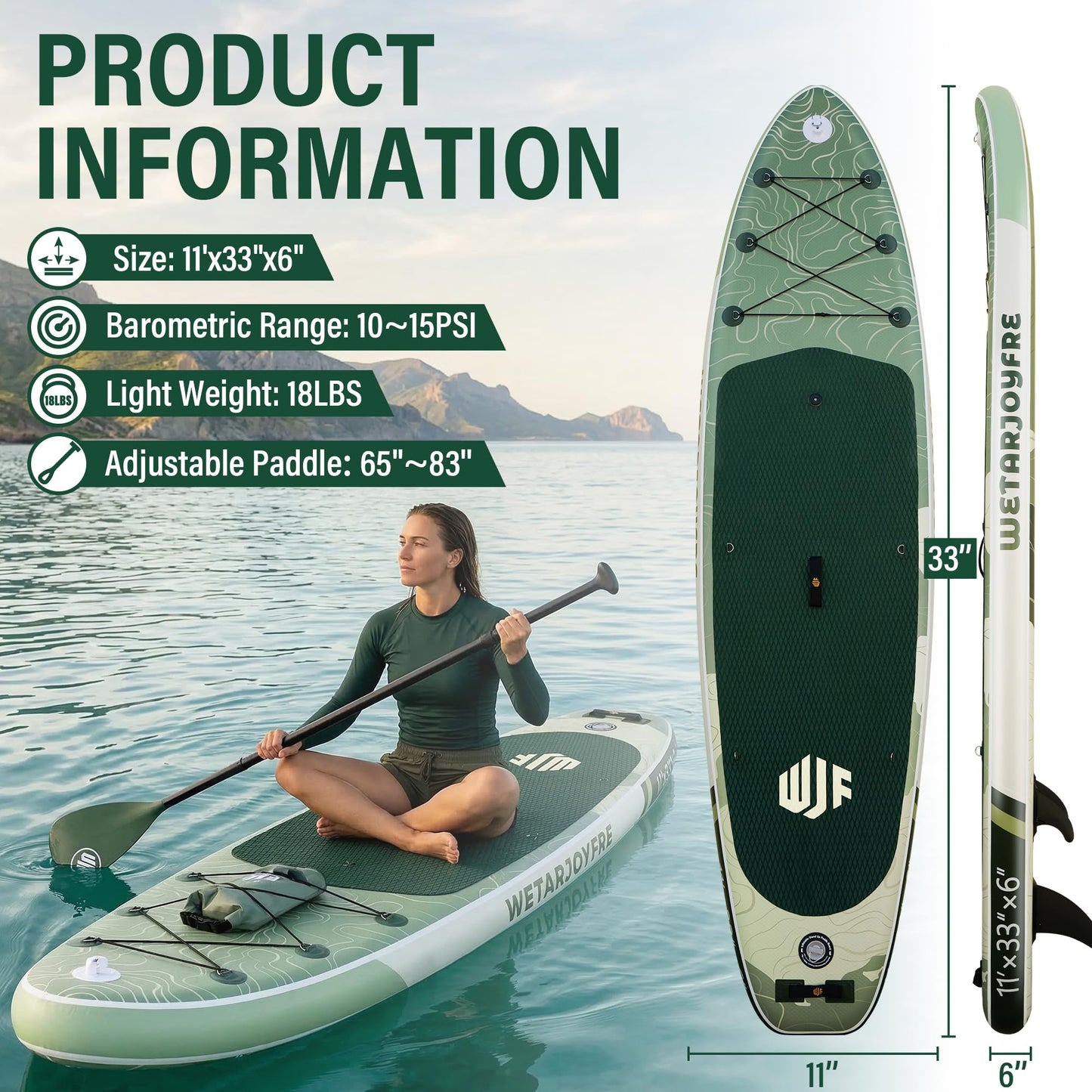 Wetarjoyfre Inflatable Paddle Board 11'×33"×6" SUP Board for Adults, 17Lbs Ultra-Light Stand Up Paddleboard with 550Lbs Capacity, Non-Slip Deck & Complete Accessories for Youth & Pets