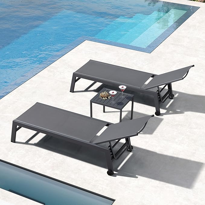 PURPLE LEAF Patio Chaise Lounge Set for 2 Outdoor Chaise Lounge Chair with Aluminum Frame and Easy-to-Move Wheels Pool Lounge Chairs for Deck Yard Poolside Table Included, Charcoal Grey