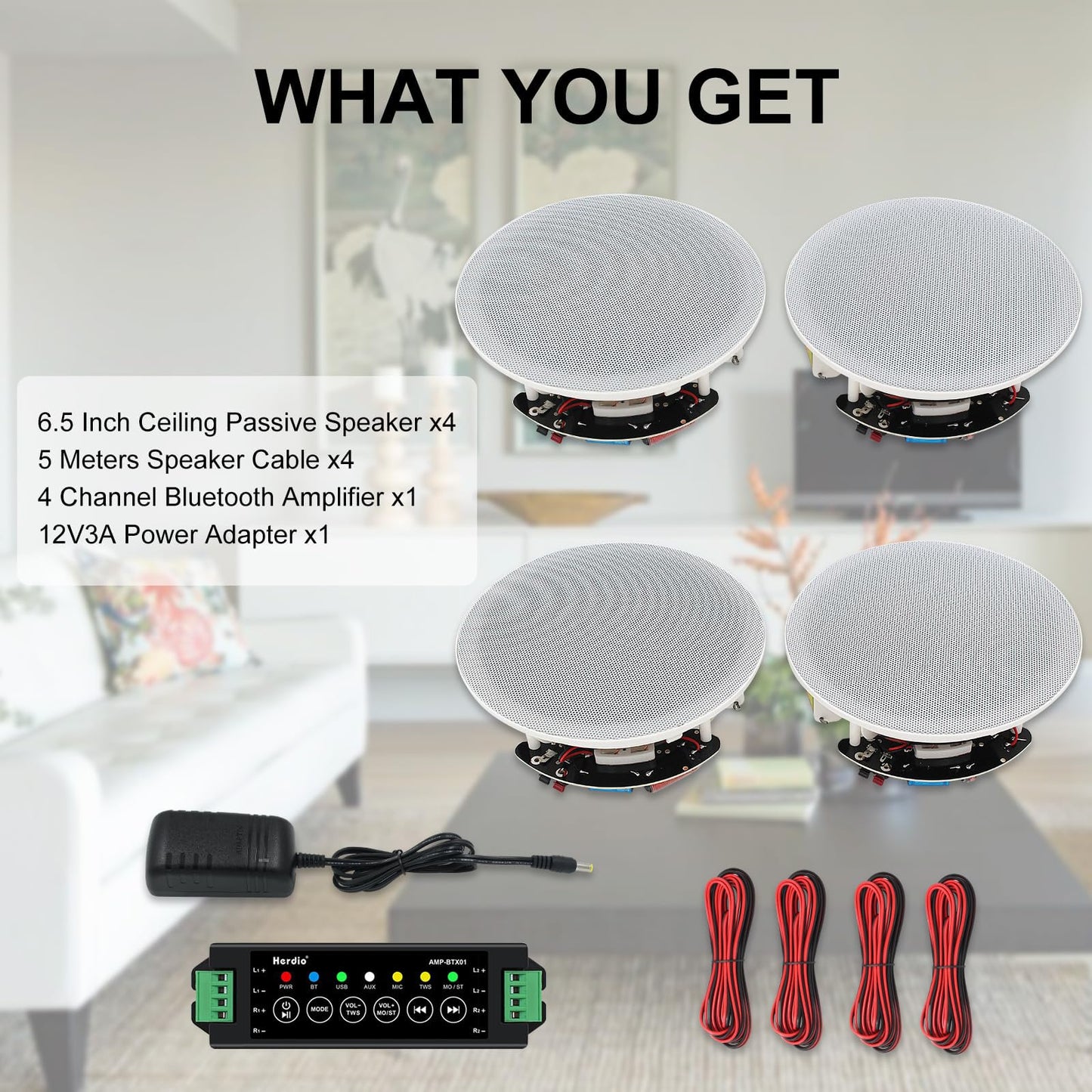 Herdio 6.5" 600 Watts Bluetooth Ceiling Speakers Wireless Home Recessed Speaker System Suitable for Indoor,Kitchen,Home Theater,Bedroom,Office,Covered Patio（4 Speakers）