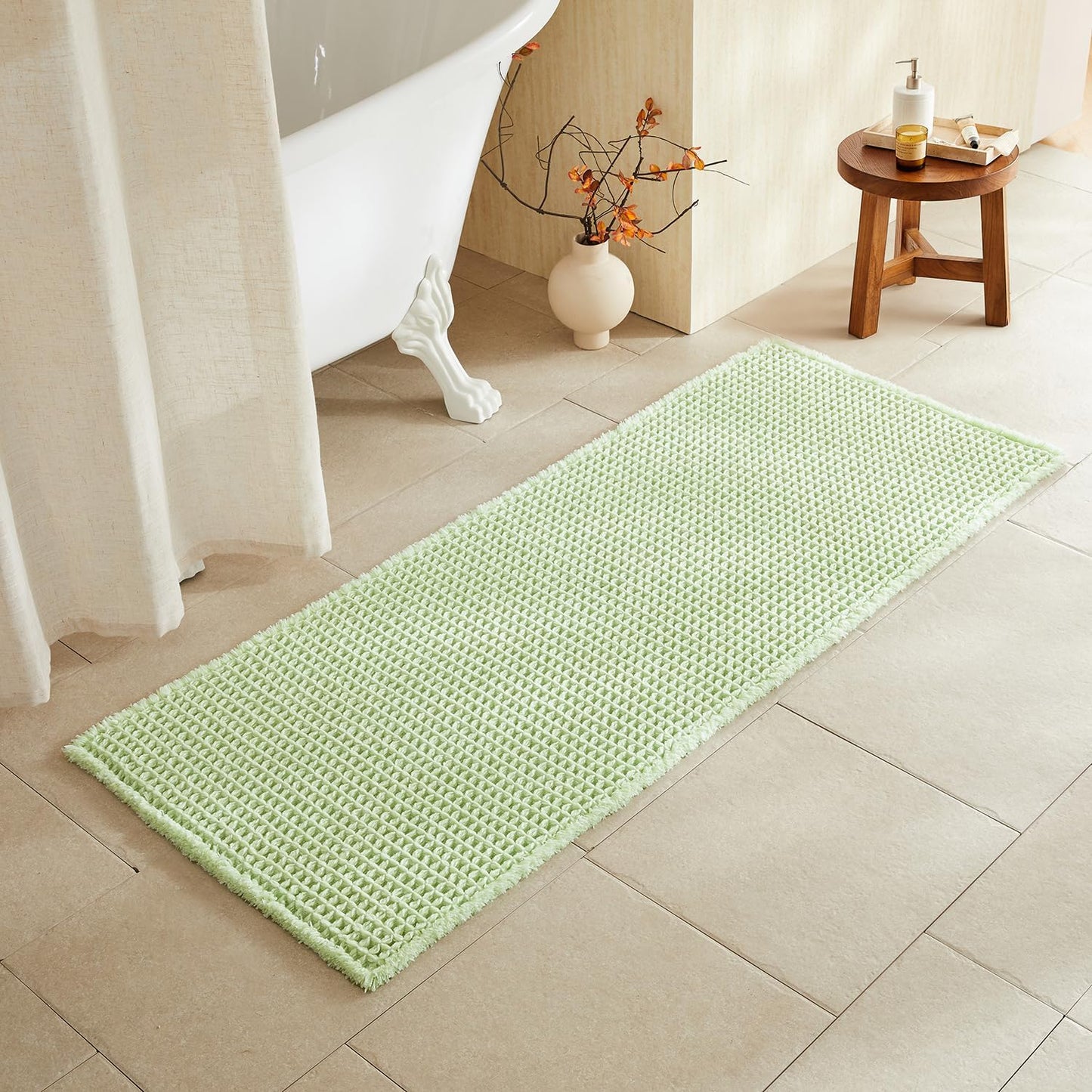 Waffle Runner Rug Bathroom, Boho Bathroom Rugs Non Slip Washable Long Super Absorbent Quick Dry Cute Bath Mat Farmhouse Bath Mat, 60"x24" Pale Green