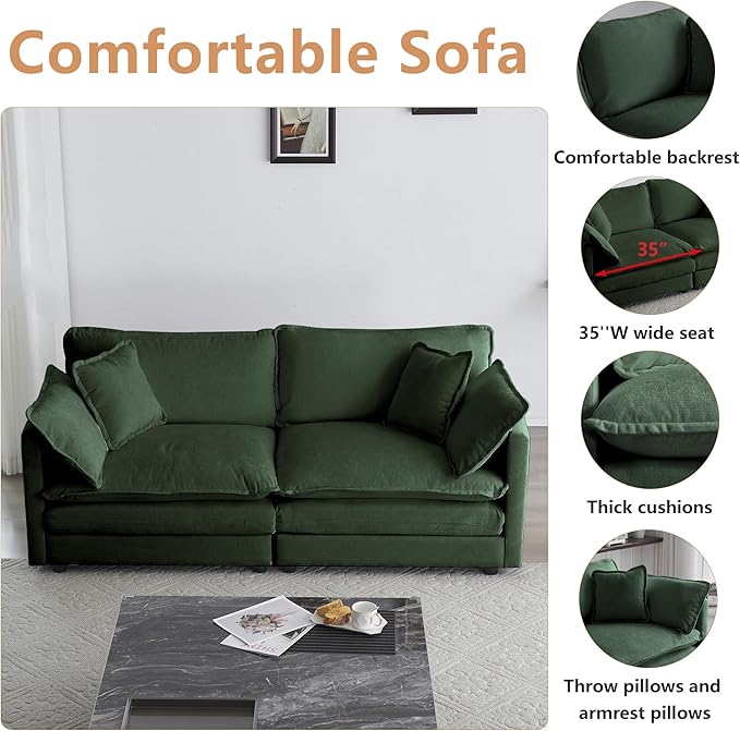 mikibama Luxury Loveseat Sofa Couch, 76" Modern Chenille Deep 2-Seat Cloud Couch with 2 Armrest Pillows & 2 Toss Pillows, Love Seat for Living Room Bedroom Office Apartment, Evergreen
