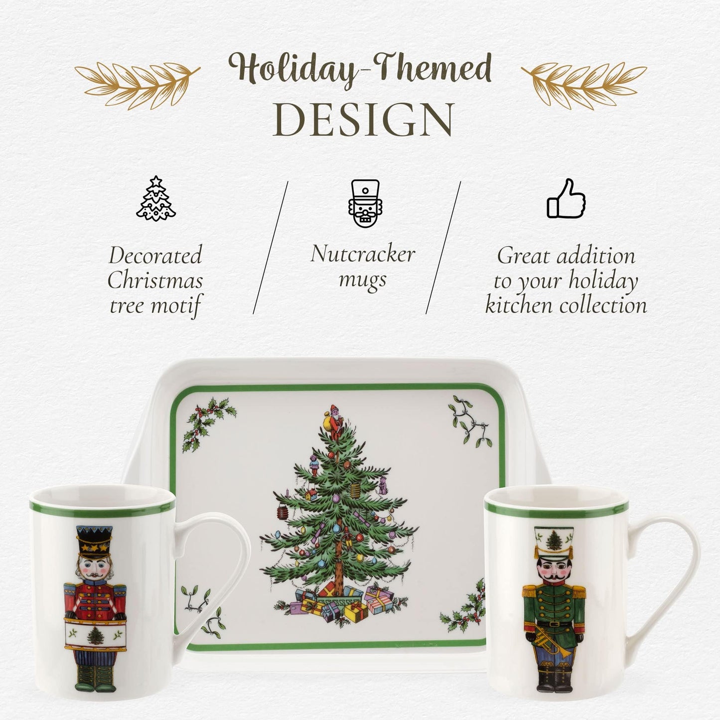 Spode Christmas Tree Nutcracker 10oz Mug & 8" Tray Set (3-Piece Set) - Festive Porcelain Mugs with Melamine Tray, Dishwasher & Microwave Safe - Holiday Gatherings & Entertaining