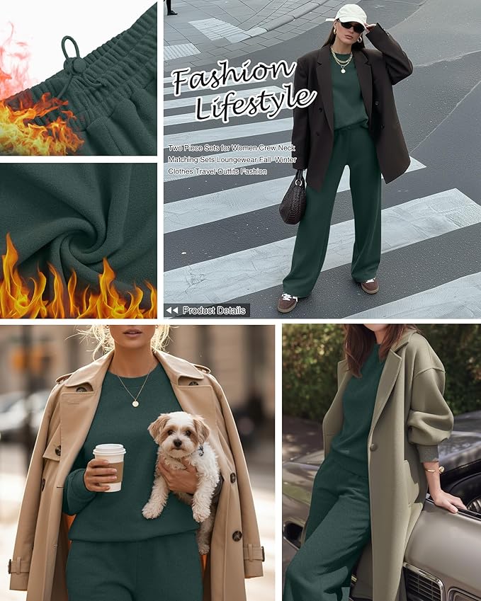Sweetyweee Women's 2 Piece Outfits Set Fleece Lined Lounge Sweatsuit Crewneck Pullover Top Wide Leg Pants Casual Tracksuit