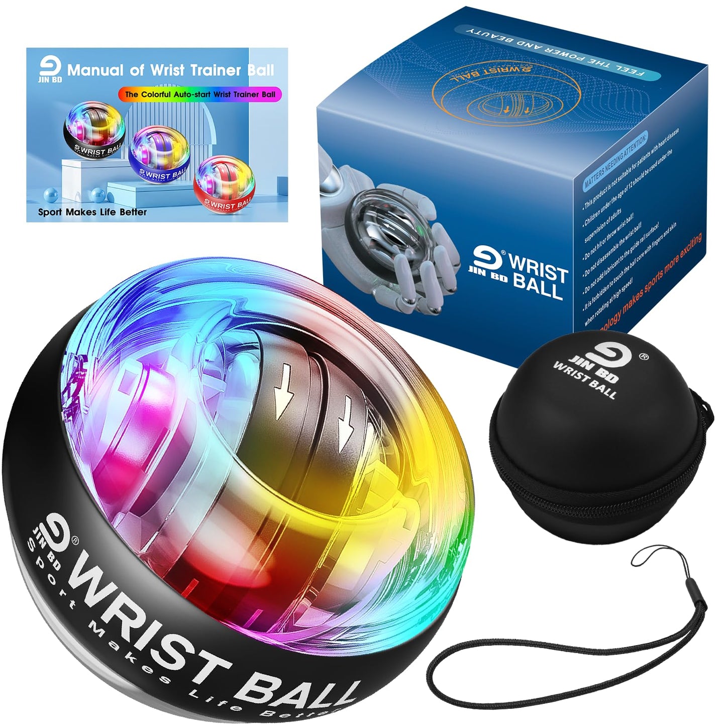JIN BD Wrist Trainer Ball Auto-Start Wrist Strengthener Gyroscopic Forearm Exerciser Gyro Ball for Strengthen Arms, Fingers, Wrist Bones and Muscles with LED Light, Black