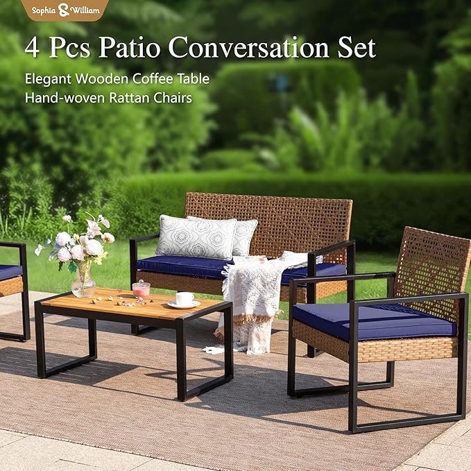 Sophia & William 4 Pieces Patio Conversation Set, Wicker Outdoor Furniture Set for 4, All Weather Outdoor Seating Set, Rattan Loveseat & Chairs with Cushions & Coffee Table，Brown and Navy Blue