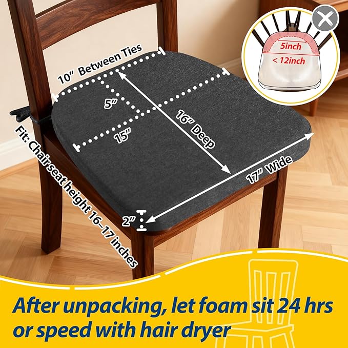 AAAAAcessories D-Shaped Chair Cushions, 2" Thick Dining Chair Pads with Ties and Removable, Machine-Washable Cover, 17" x 16", Set of 6, Dark Grey
