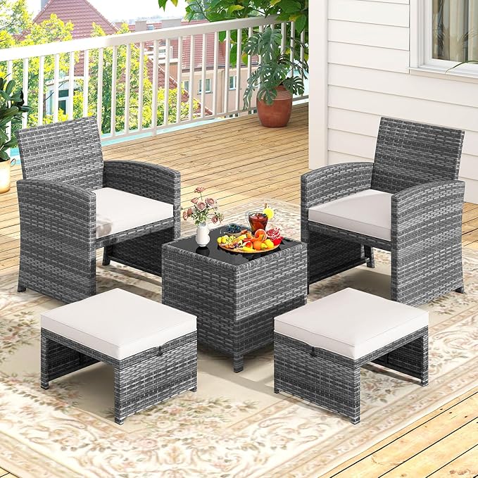 Tangkula 5 Pieces Patio Conversation Furniture Set, PE Wicker Outdoor Cushioned Chairs with 2 Ottomans, and Storage Coffee Table, for Porch, Garden and Balcony