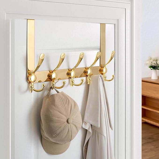 Dseap Over Door Hook 2.0 - Upgraded Version - Simple-Assembly, Strong, Heavy-Duty Stainless Steel 5-Tri-Hook Over The Door Hanger Rack, SimpleStrong Series, Gold