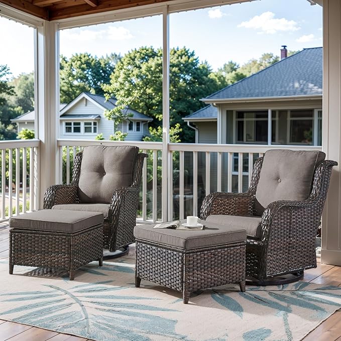 Belord 4 Pieces Patio Furniture Sets, Wicker Patio Swivel Glider Chair with Ottomans, Outdoor Furniture Set for Outside Porch, Deck, Balcony, Garden