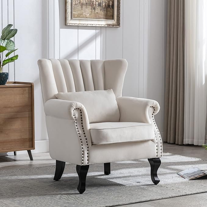 DM Furniture Mid Century Accent Chair Modern Tufted Wingback Armchairs Club Chair Velvet Fabric Single Sofa Reading Chair with Pillow for Living Room, Cream