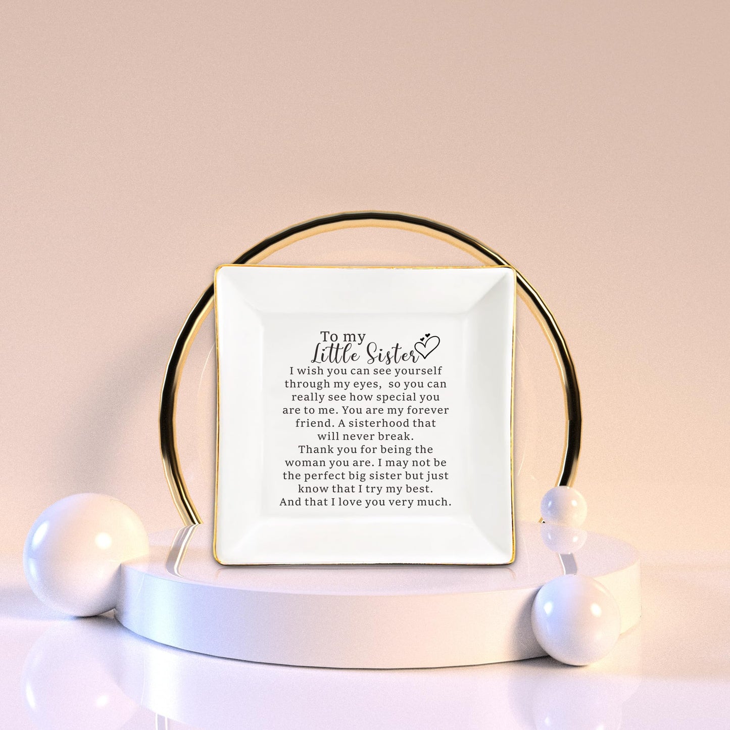XJF To My Little Sister Ceramic Jewelry Dish, Friendship Gifts, Christmas Gift for Little Sister from Sisters, Happy Birthday Gifts for Little Sister