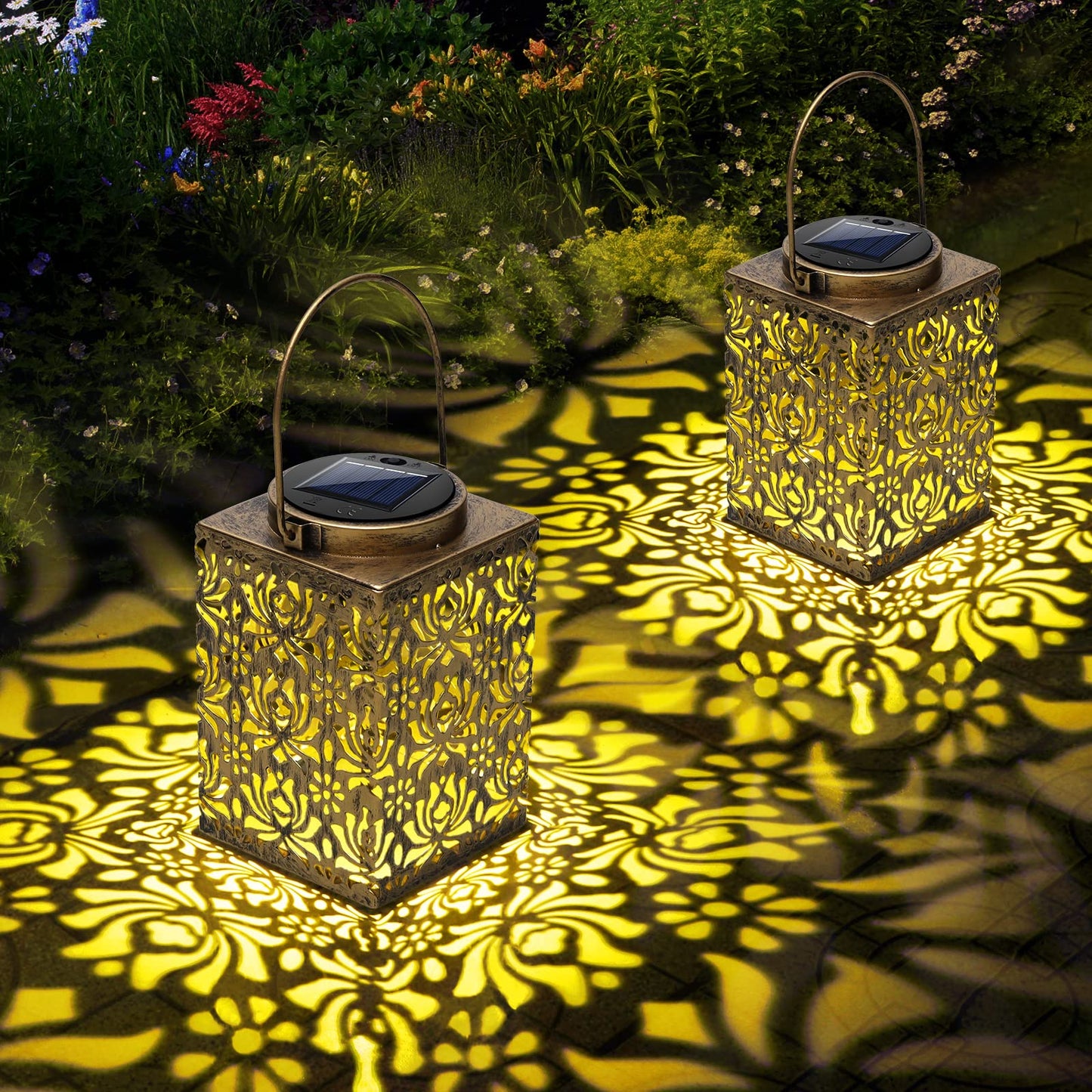 YWYWLED 2 Pack Bronze Solar Lanterns - Waterproof Metal Hanging Solar Lights Outdoor Decorative, Solar Powered LED Lamp for Patio Tabletop Porch Deck Yard Garden Decor for Outside (Rose)