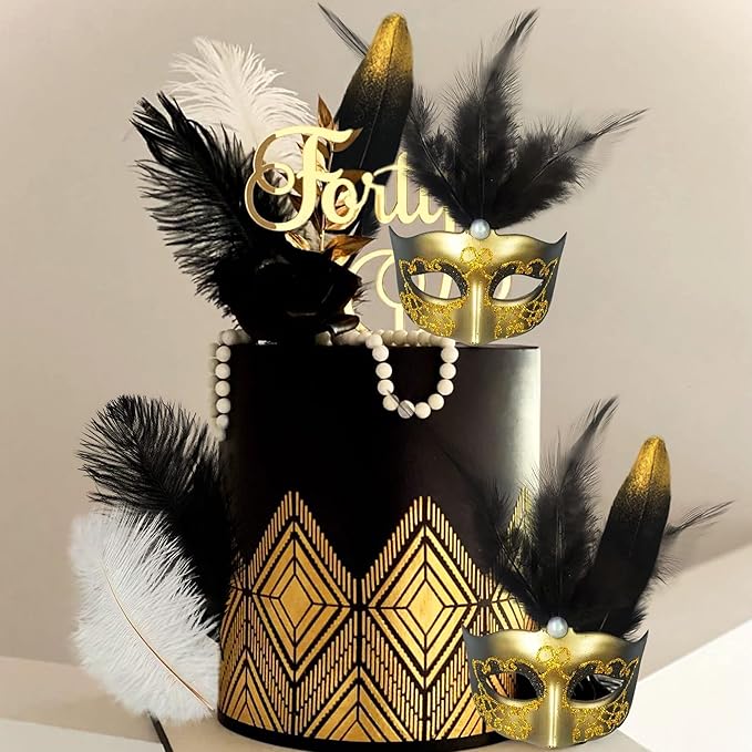 JeVenis Art Deco Cake Mask Cake Decoration Prom Cake Decoration Black Gold Cake Decoration Masquerade Masks Cake Decoratio...