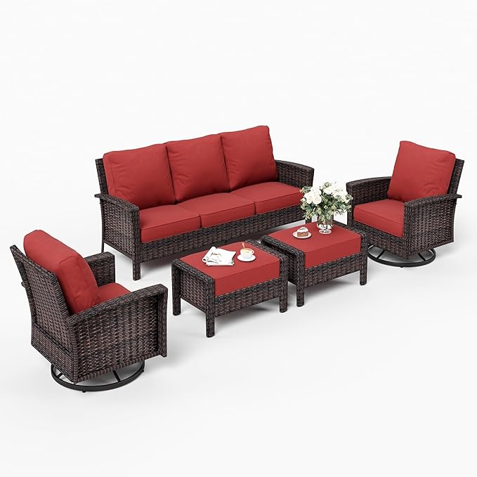 SUNSHINE VALLEY Patio Furniture Set with Swivel Chairs, High Back Wicker Rattan Furniture with 5.5" Thick Cushion and 2 Ottoman, Outdoor Conversation Set for Backyard Deck, Red