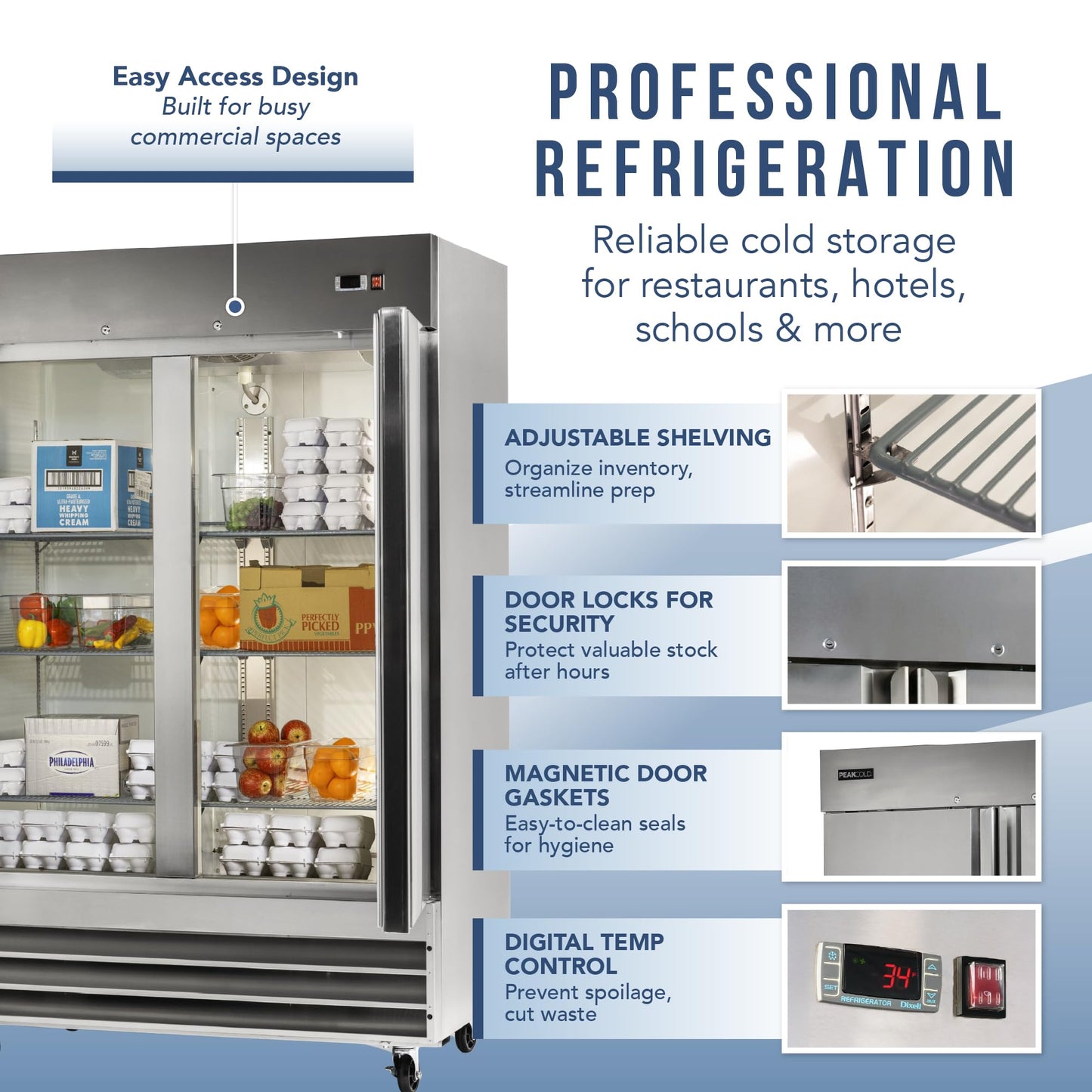 PEAKCOLD Double Door Commercial Refrigerator - 47 Cubic Ft, 54" Wide Stainless Steel Reach-In Commercial Refrigerator with White Internal Lighting - Freestanding Industrial Fridge