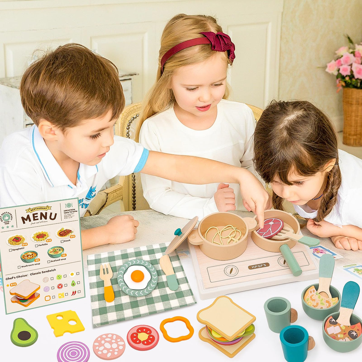 HAPGFS Wooden Play Cooking Set, Kids Pretend Play Kitchen Accessories Toys Set, Includes Play Plates, Pots, Bowls, Pans, Cutlery, Includes Fake Food, Gift for 3 4 5 Years Old Girls Boys for Birthday