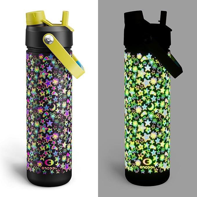 ENCOOL Insulated Water Bottle with Straw Stainless Steel Water Bottle, Leak-Proof, BPA-Free, Double Wall Vacuum Keeps Cold for 24 Hours for Sports, Travel, School (26 oz, Neon Galaxy)