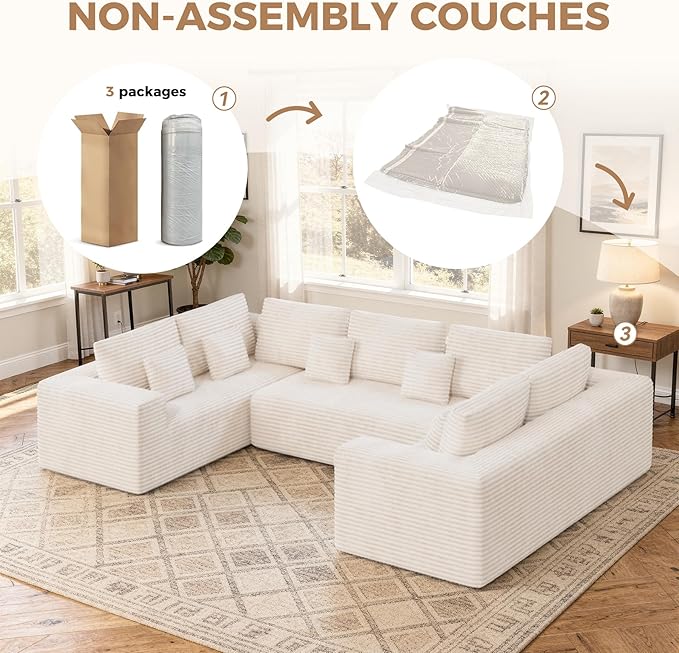 136'' Large Sectional Cloud Couches with Chaise, U Shaped Boneless Loveseat Sofa, No Assembly Required Deep Seat Modular Lounge for Living Room 3PCS Set, Bedroom(Beige)